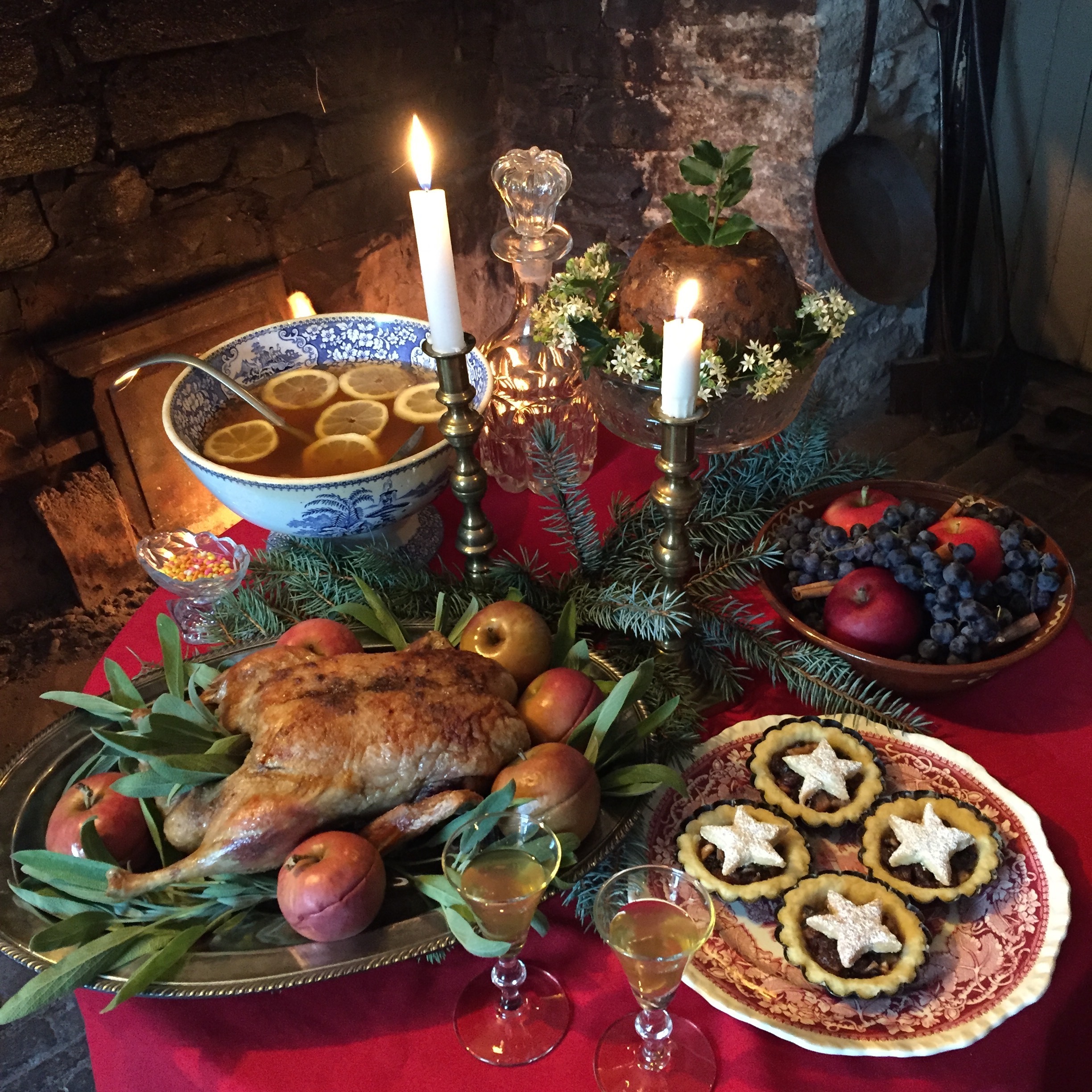 Traditional Christmas feast, turkey, mincemeat tarts, apple cider